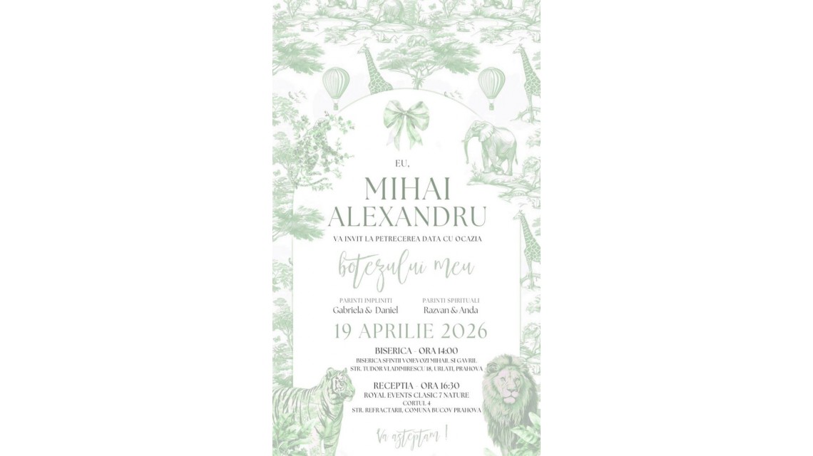 Invitație digitală pentru botez băiat cu animale sălbatice pe verde sage Green Safari Baby Shower 2